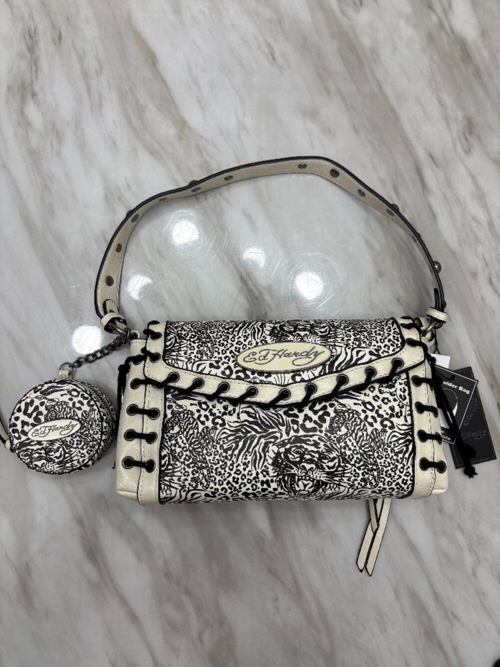 Viral Ed Hardy Cream Tiger Animal Print Purse + Coin Pouch NWT